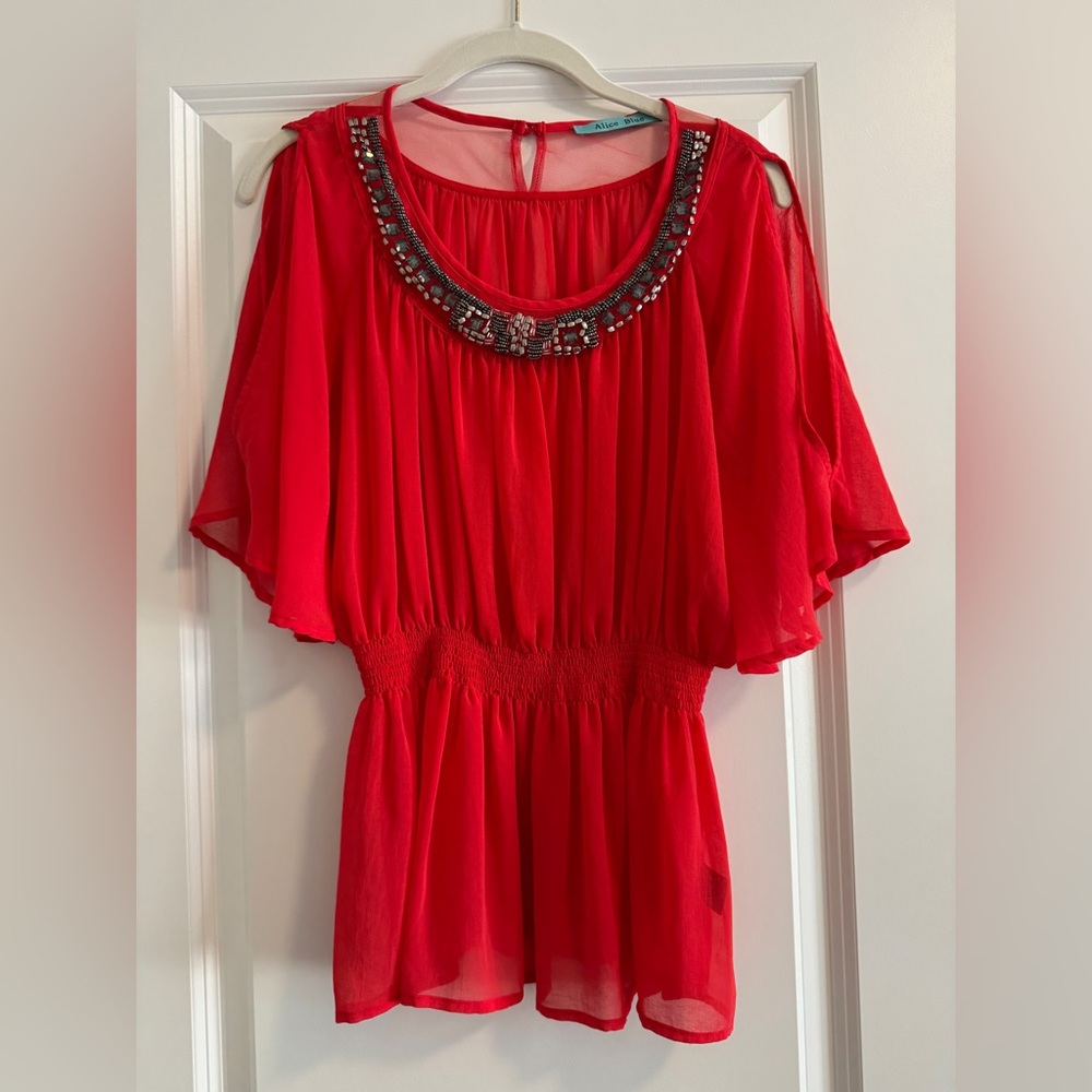 Red sheer Cold Shoulder Women's Top with elastic waist and embellished neckline